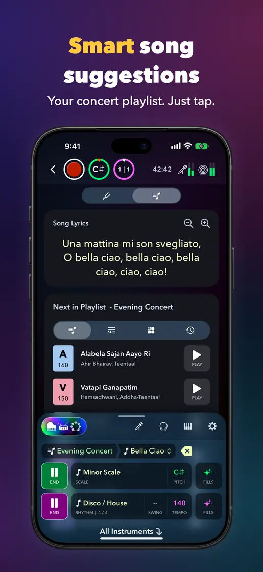 Smart song suggestions. Your concert playlist. Just tap. A song playing with its lyrics on screen, and the next songs in the Evening Concert playlist.