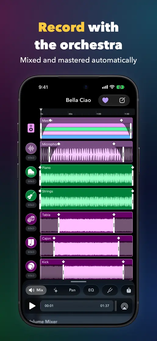 Record with the orchestra. Mixed and mastered automatically. The mixer for a recording of Bella Ciao, with its master, microphone and instrument tracks.
