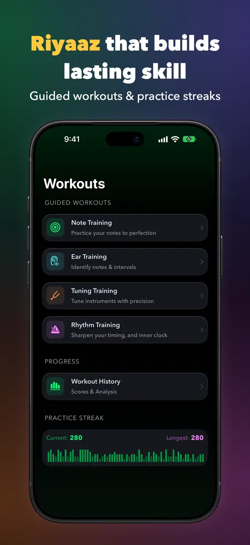Riyaaz that builds lasting skill. Guided workouts & practice streaks. The Workouts screen: note, ear, tuning and rhythm training, and a 280-day streak.